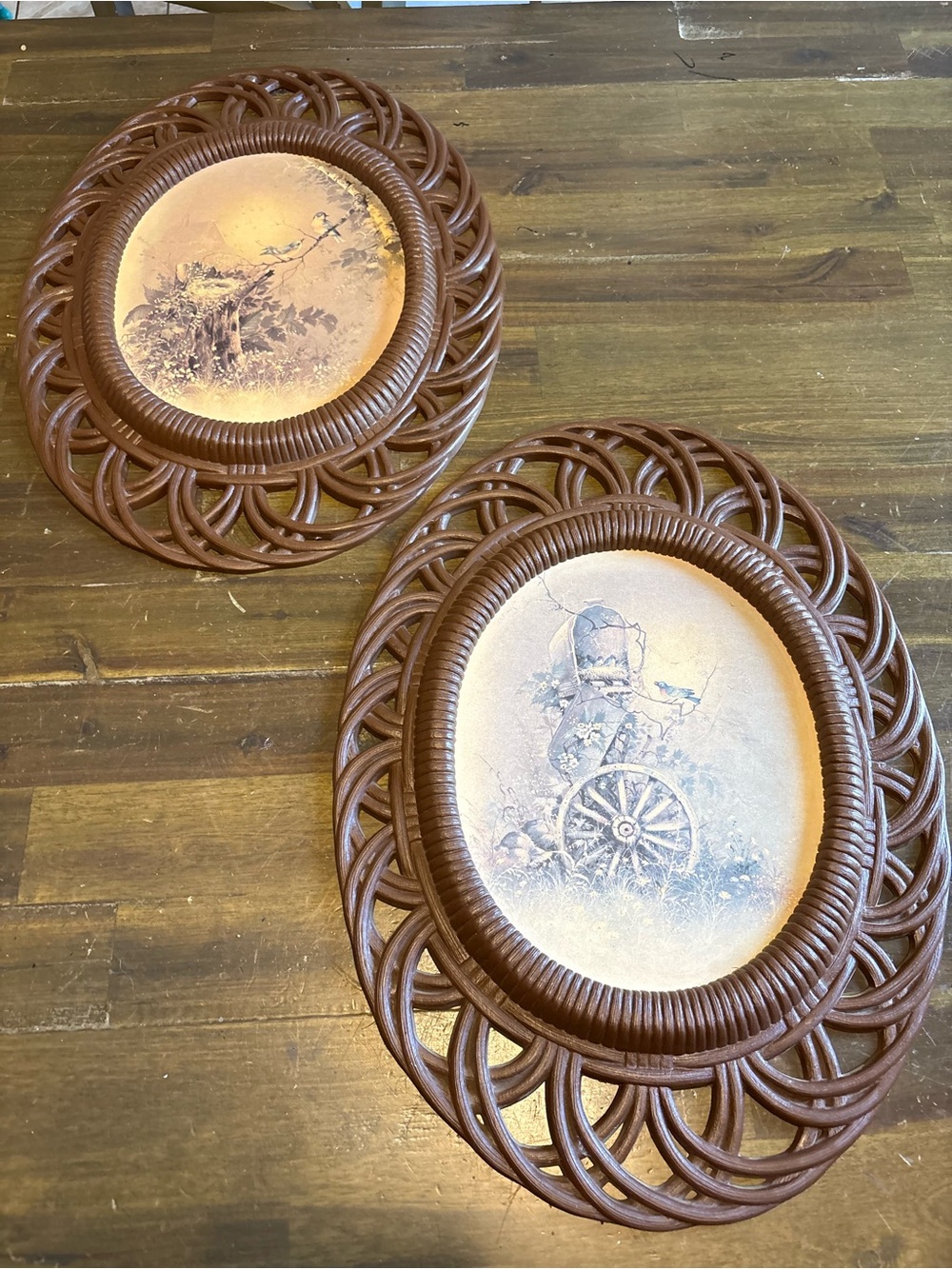 Vintage Burnwood Oval Wall Decor Country Bird Faux Bamboo Granny Cottagecore